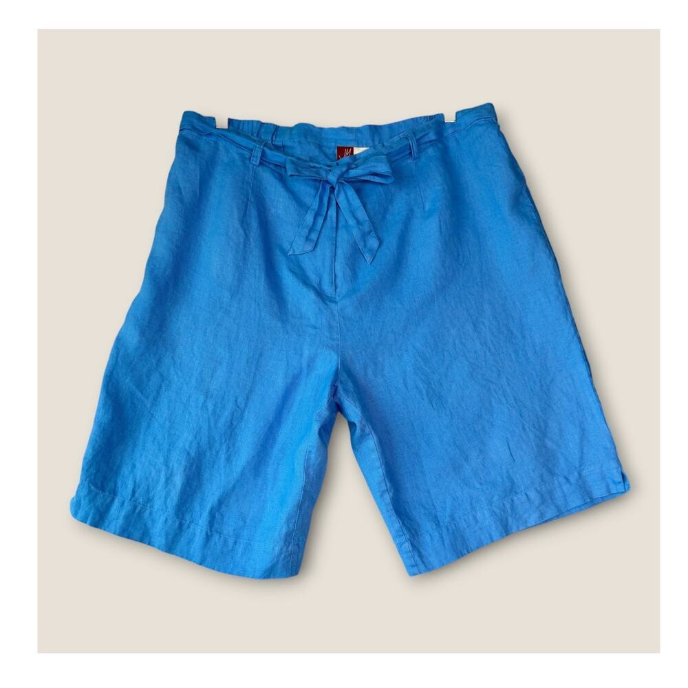 JM Collection Womens Plus 22W Blue 100% Linen Bermuda Shorts Belted Relaxed Fit